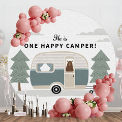 Aperturee - Aperturee Forest Bear One Happy Camper Round Birthday Backdrop
