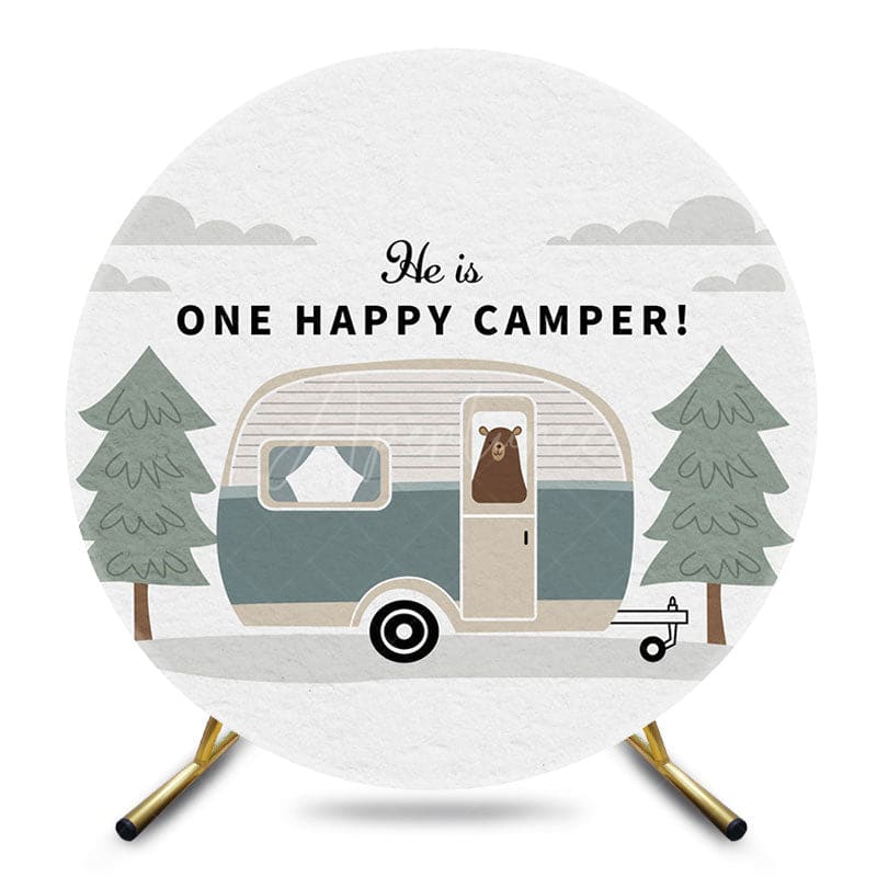 Aperturee - Aperturee Forest Bear One Happy Camper Round Birthday Backdrop