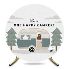 Aperturee - Aperturee Forest Bear One Happy Camper Round Birthday Backdrop
