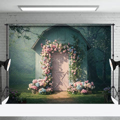 Aperturee - Aperturee Forest Green Pink Cabin Floral Wedding Photo Backdrop