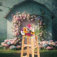 Aperturee - Aperturee Forest Green Pink Cabin Floral Wedding Photo Backdrop