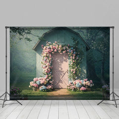 Aperturee - Aperturee Forest Green Pink Cabin Floral Wedding Photo Backdrop