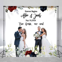 Aperturee Aperturee Forever Begins Custom Wedding Backdrop Personalized Photo and Date Sign Burgundy and Navy Floral Welcome Banner