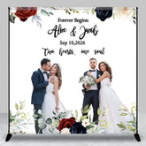 Aperturee Aperturee Forever Begins Custom Wedding Backdrop Personalized Photo and Date Sign Burgundy and Navy Floral Welcome Banner