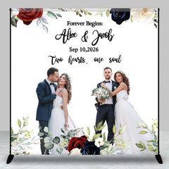 Aperturee Aperturee Forever Begins Custom Wedding Backdrop Personalized Photo and Date Sign Burgundy and Navy Floral Welcome Banner
