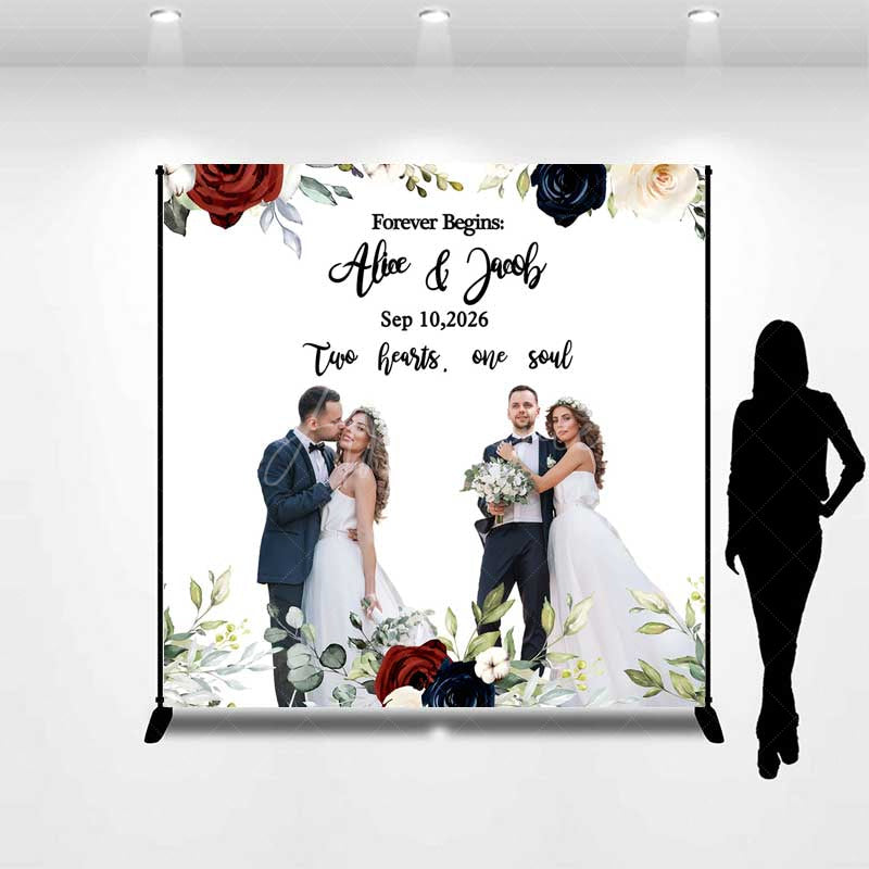 Aperturee Aperturee Forever Begins Custom Wedding Backdrop Personalized Photo and Date Sign Burgundy and Navy Floral Welcome Banner