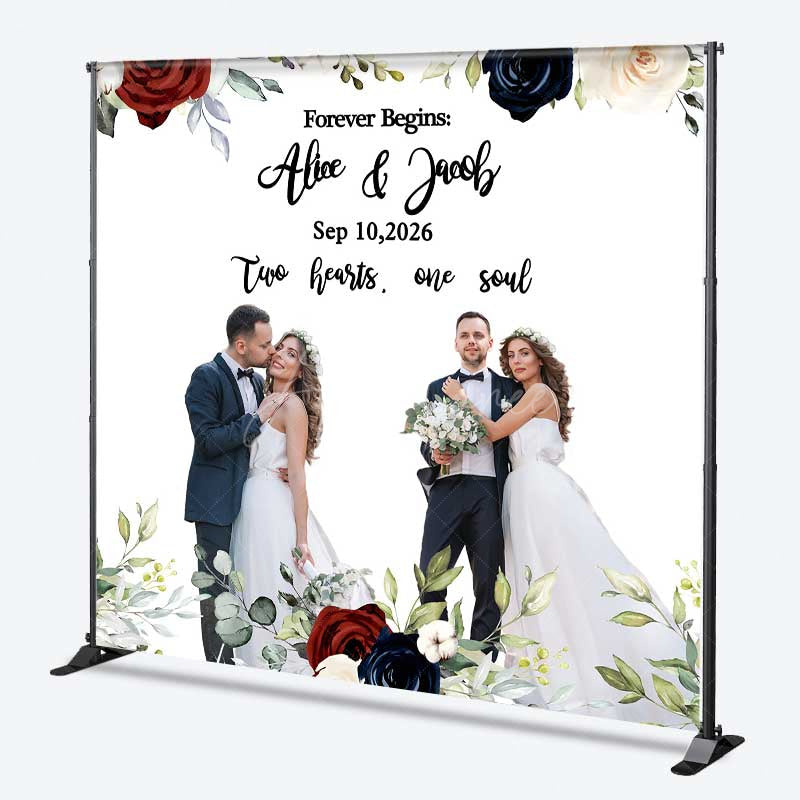 Aperturee Aperturee Forever Begins Custom Wedding Backdrop Personalized Photo and Date Sign Burgundy and Navy Floral Welcome Banner