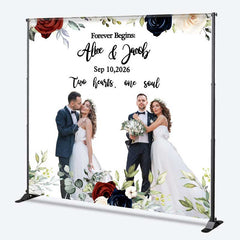 Aperturee Aperturee Forever Begins Custom Wedding Backdrop Personalized Photo and Date Sign Burgundy and Navy Floral Welcome Banner