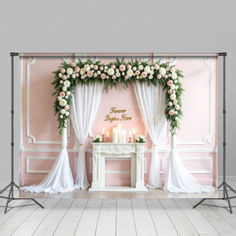 Aperturee - Aperturee Forever Begins Here Pink Floral Arch Wedding Backdrop