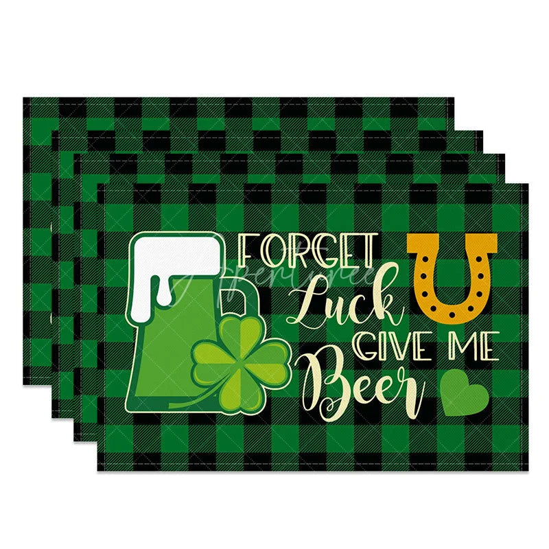 Aperturee - Aperturee Forget Luck Give Me Beer Set of 4 Placemats Funny St. Patricks Day Plaid Table Mats for Bar and Dining
