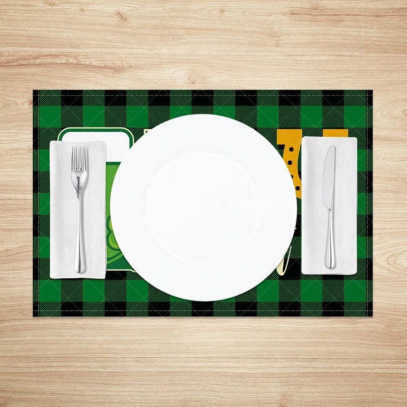 Aperturee - Aperturee Forget Luck Give Me Beer Set of 4 Placemats Funny St. Patricks Day Plaid Table Mats for Bar and Dining