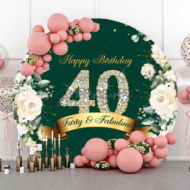 Aperturee - Aperturee Forty and Fabulous 40th Birthday Round Backdrop Emerald Green with Diamonds Elegant Women’s Milestone Party Decor