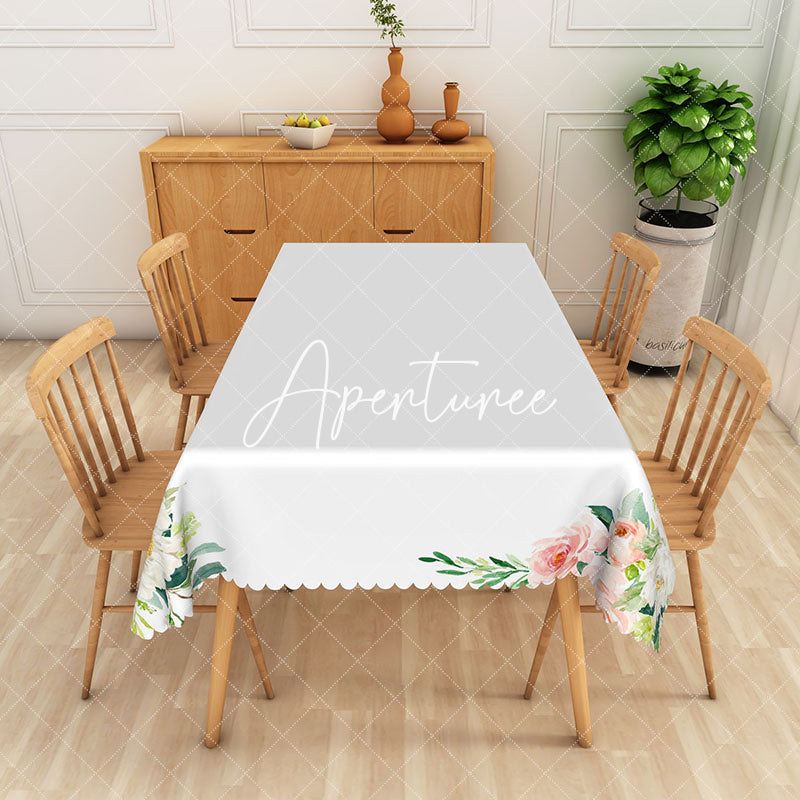 Aperturee - Aperturee Four Corner Flower Print White Rectangular Tablecloth