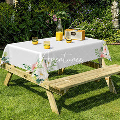 Aperturee - Aperturee Four Corner Flower Print White Rectangular Tablecloth