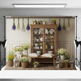 Aperturee Aperturee French Country Kitchen Backdrop Rustic Hutch with Dried Lavender and Daisies Farmhouse Spring Photo Prop Decor