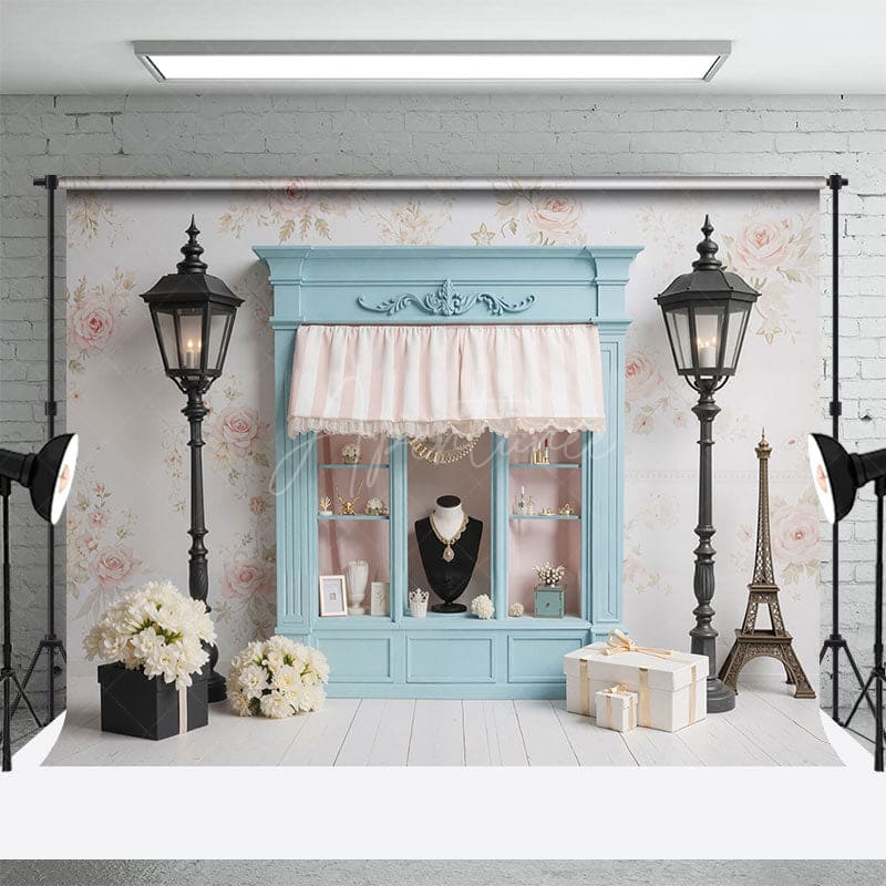 Aperturee - Aperturee French Elegant Blue Jewelry Store Wall Photo Backdrop