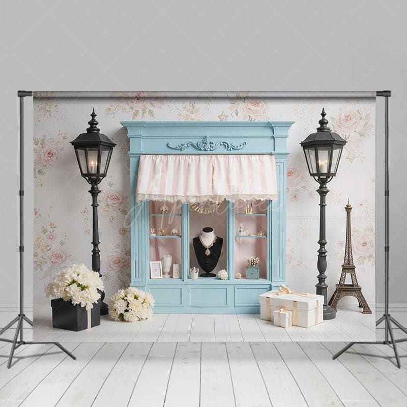 Aperturee - Aperturee French Elegant Blue Jewelry Store Wall Photo Backdrop