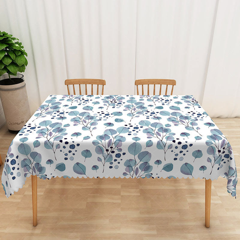 Aperturee - Aperturee Fresh and Sweet Rectangle Tablecloth with Teal Colored Leaves for Modern Botanical Kitchen Dining Decor
