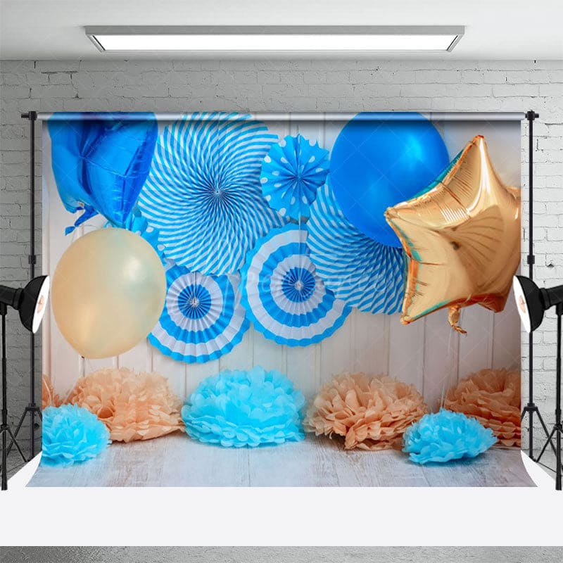 Aperturee - Aperturee Fresh Blue Balloons Birthday Cake Smash Backdrop