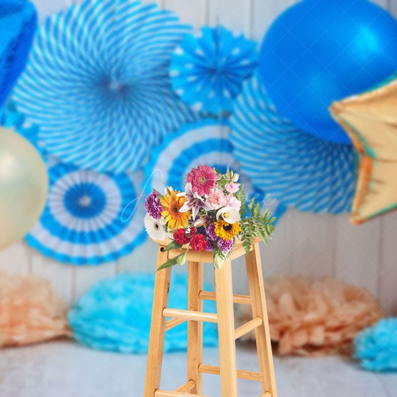 Aperturee - Aperturee Fresh Blue Balloons Birthday Cake Smash Backdrop