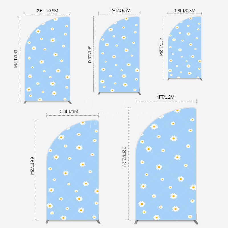 Aperturee - Aperturee Fresh Blue Spring Daisy Happy Birthday Half Moon Arch Backdrop