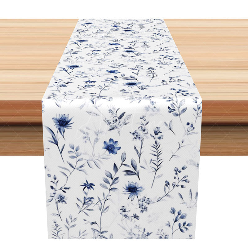 Aperturee - Aperturee Fresh Blue Vibe Spring Floral Table Runner Sweet Wildflowers and Botanical Art Elegant Kitchen Dining Decor
