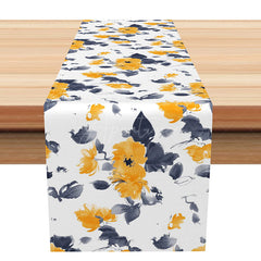 Aperturee - Aperturee Fresh Floral and Leaves Table Runner in an Ink Painting Style Elegant Botanical Art Modern Farmhouse Decor