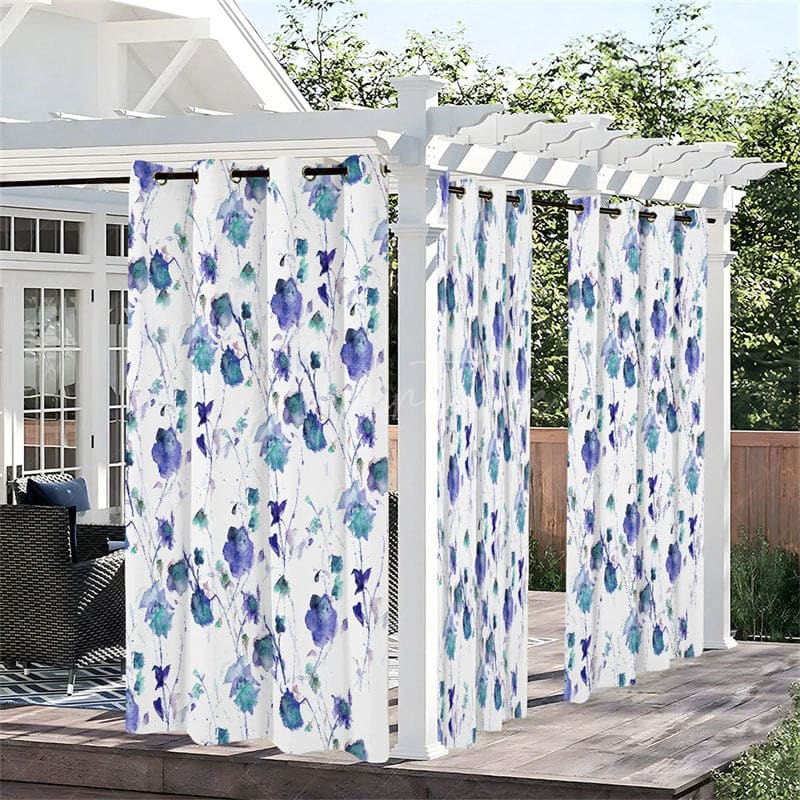 Aperturee - Aperturee Fresh Flower Blue Waterproof Printed Outdoor Curtains