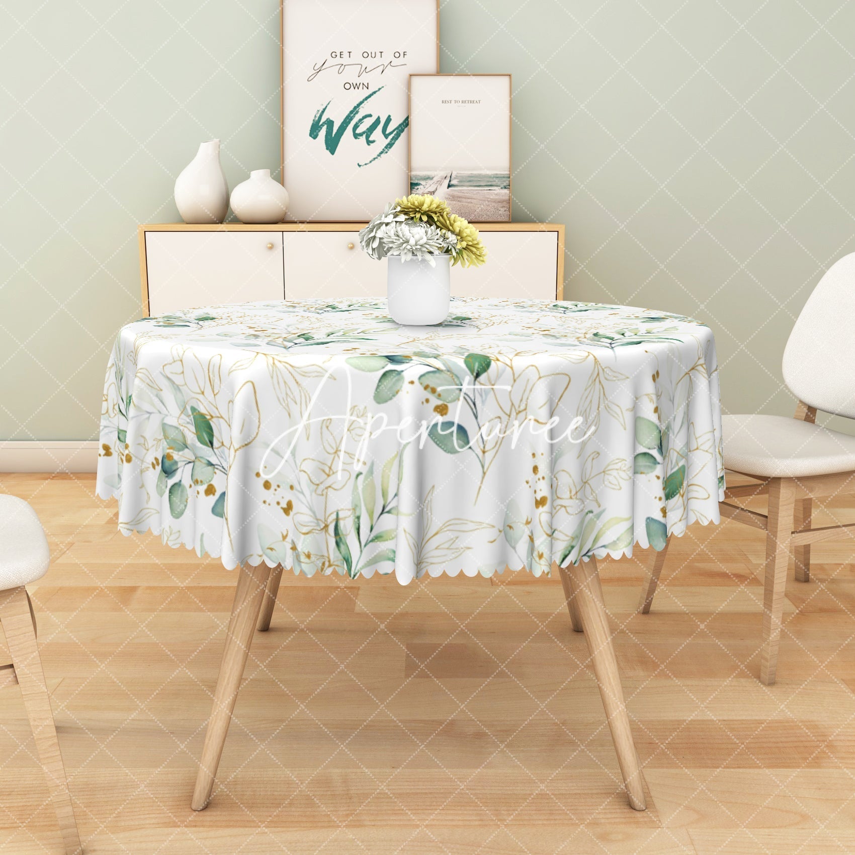 Aperturee - Aperturee Fresh Green Gold Leaf Watercolor Rectangle Tablecloth