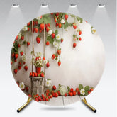 Aperturee - Aperturee Fresh Red Strawberry and White Blossom Round Backdrop Rustic Wooden Swing for Spring or Summer Party Decor