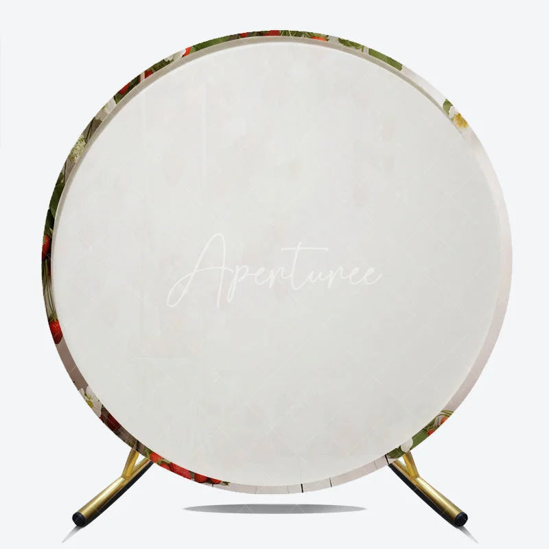 Aperturee - Aperturee Fresh Red Strawberry and White Blossom Round Backdrop Rustic Wooden Swing for Spring or Summer Party Decor