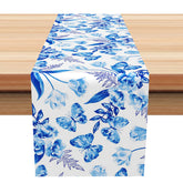 Aperturee - Aperturee Fresh Spring Floral Table Runner with Blue Butterflies Sweet Botanical Vibe Elegant Garden Party Kitchen Decor