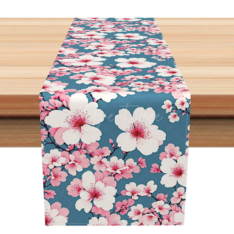 Aperturee - Aperturee Fresh Spring Peach Blossom Table Runner Sweet Pink Floral Design Chinese Ink Painting Style Kitchen Decor