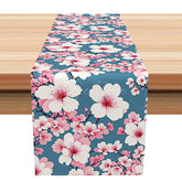 Aperturee - Aperturee Fresh Spring Peach Blossom Table Runner Sweet Pink Floral Design Chinese Ink Painting Style Kitchen Decor