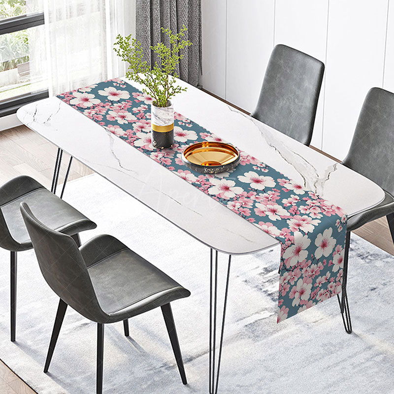 Aperturee - Aperturee Fresh Spring Peach Blossom Table Runner Sweet Pink Floral Design Chinese Ink Painting Style Kitchen Decor
