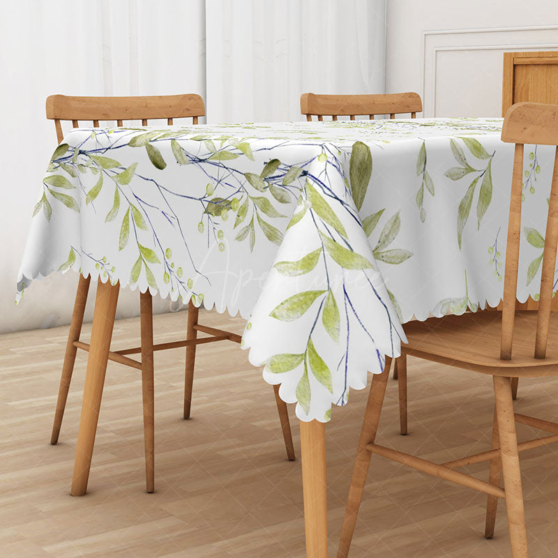 Aperturee - Aperturee Fresh Spring Rectangle Tablecloth with Light Green Botanical Plants for Easter and Garden Party Decor