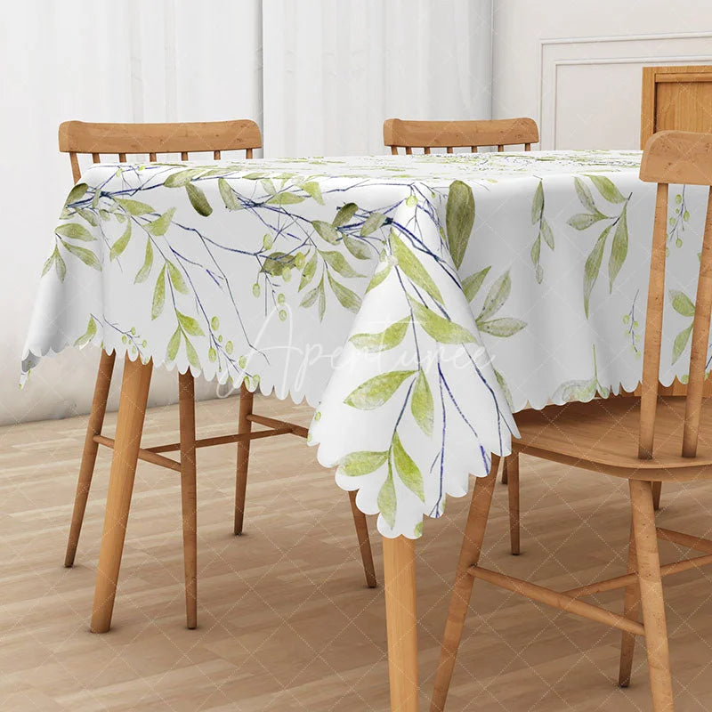 Aperturee - Aperturee Fresh Spring Rectangle Tablecloth with Light Green Botanical Plants for Easter and Garden Party Decor