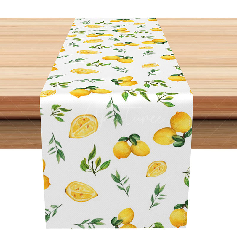 Aperturee - Aperturee Fresh Spring Table Runner with Lemon and Greenery on White for Summer Kitchen and Farmhouse Decor