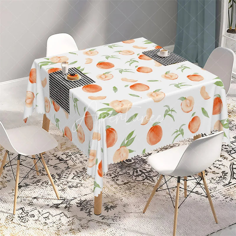 Aperturee - Aperturee Fresh Watercolor Peach and Leaf Rectangle Tablecloth Summer Fruit Pattern Table Cover for Kitchen Dining