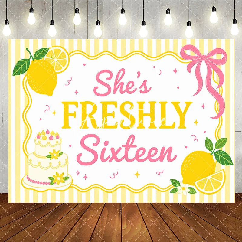 Aperturee - Aperturee Freshly Sixteen Lemon and Cake Yellow Pink Birthday Backdrop Sweet Sixteen Party Decor.