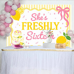 Aperturee - Aperturee Freshly Sixteen Lemon and Cake Yellow Pink Birthday Backdrop Sweet Sixteen Party Decor.