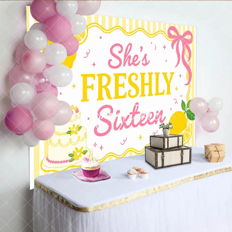 Aperturee - Aperturee Freshly Sixteen Lemon and Cake Yellow Pink Birthday Backdrop Sweet Sixteen Party Decor.