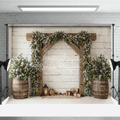 Aperturee - Aperturee Frosted Pine Garland Wooden Arch Holiday Backdrop with Rustic Barrels and Christmas Gifts Winter Festive Decor