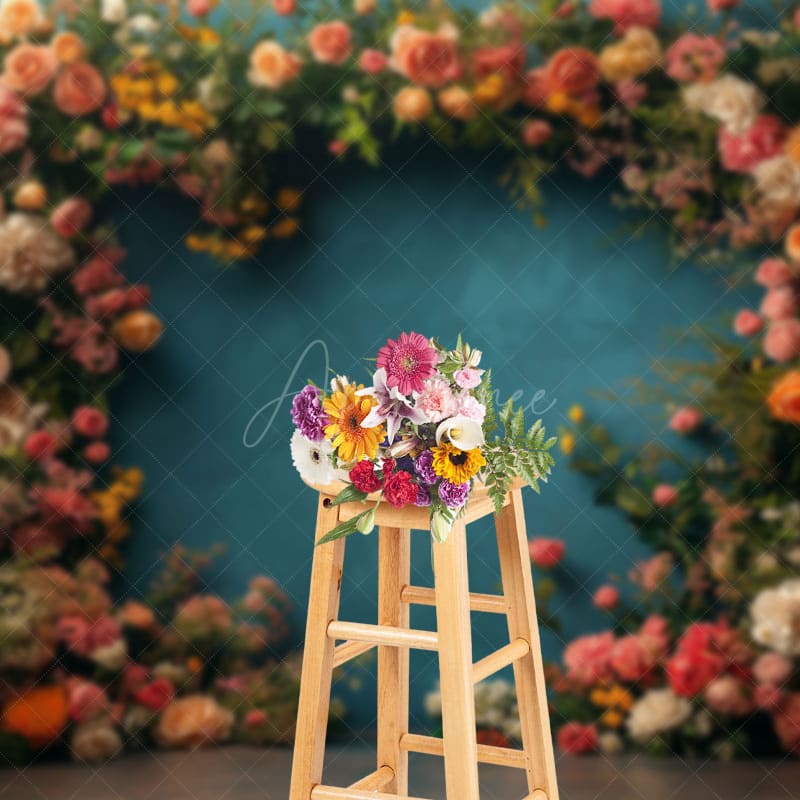 Aperturee - Aperturee Full Of Flowers Navy Blue Wall Photography Backdrop