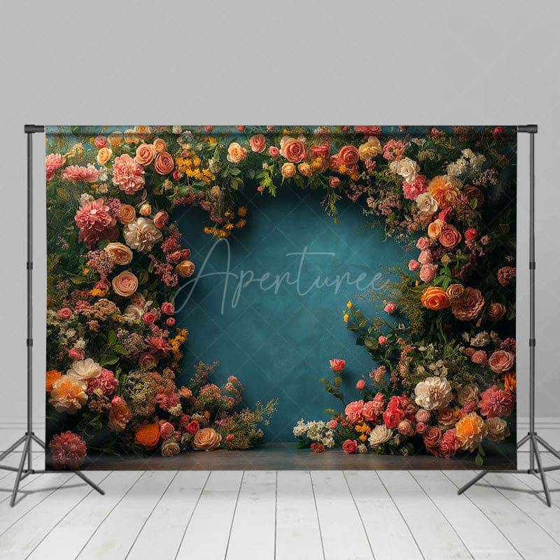 Aperturee - Aperturee Full Of Flowers Navy Blue Wall Photography Backdrop