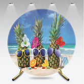 Aperturee - Aperturee Fun Tropical Pineapples with Sunglasses and Flowers Round Backdrop Sunny Beach Summer Vacation Party Decor