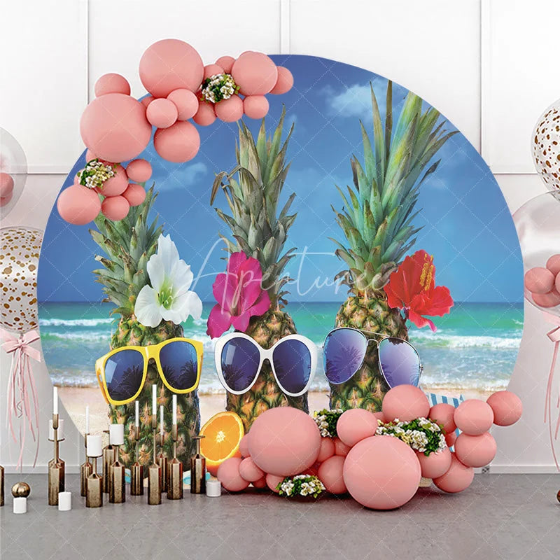 Aperturee - Aperturee Fun Tropical Pineapples with Sunglasses and Flowers Round Backdrop Sunny Beach Summer Vacation Party Decor