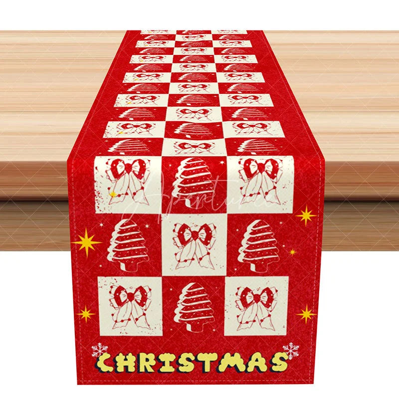 Aperturee - Aperturee Funky Red Checkered Christmas Table Runner Retro Trees and Bows Holiday Party Dining Decor