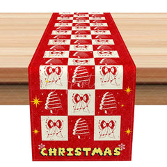 Aperturee - Aperturee Funky Red Checkered Christmas Table Runner Retro Trees and Bows Holiday Party Dining Decor