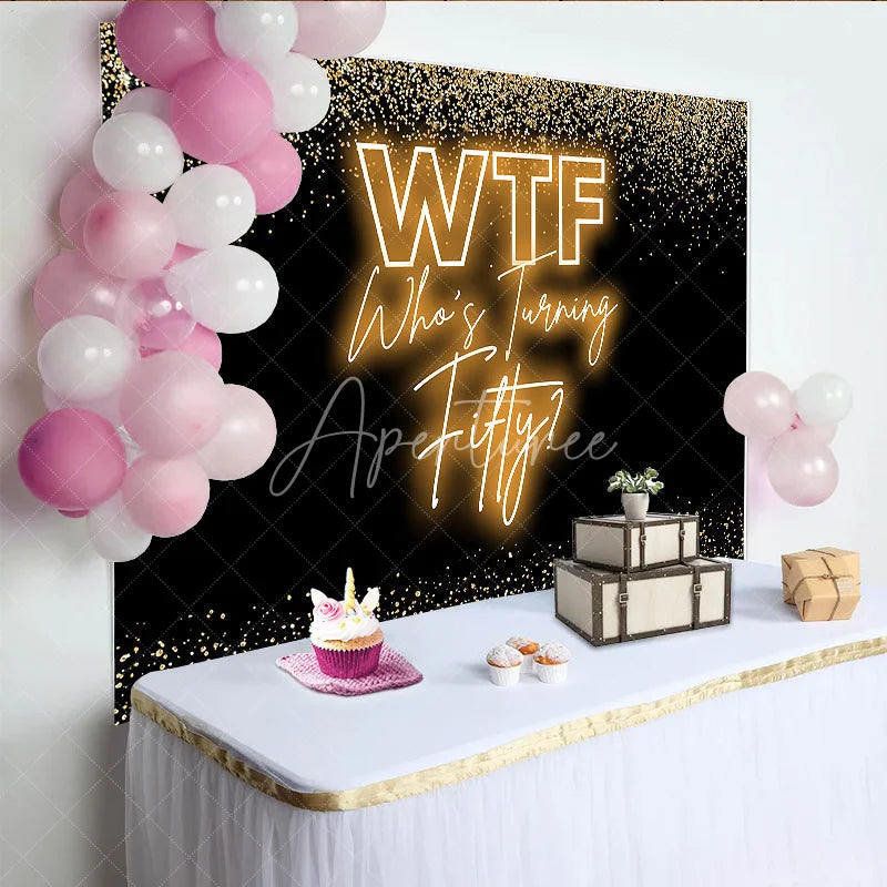 Aperturee - Aperturee Funny 50th Birthday Backdrop for Adult Party WTF Who’s Turning Fifty Banner Black and Gold Glitter Decor